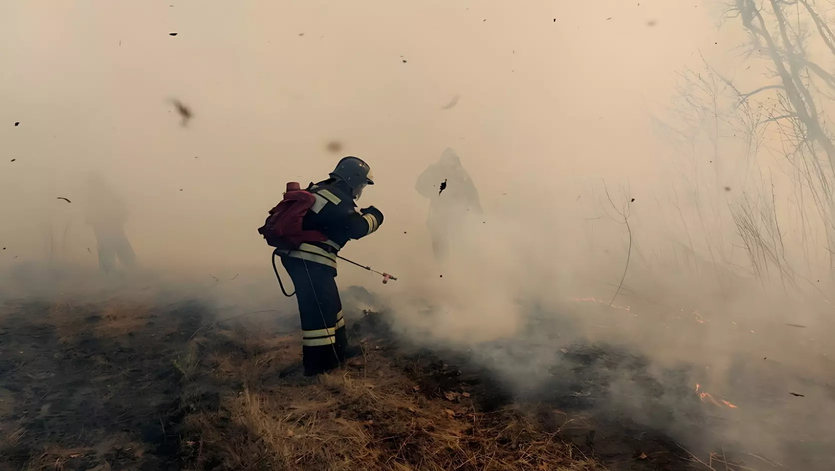 Пожарные работают на острове Дачный